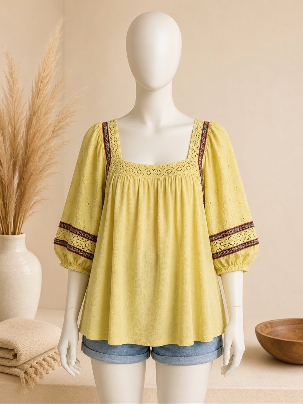 Easel Boho Lace Trim Peasant Blouse